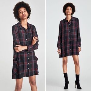Zara plaid red black button down pocket tunic top mini dress M